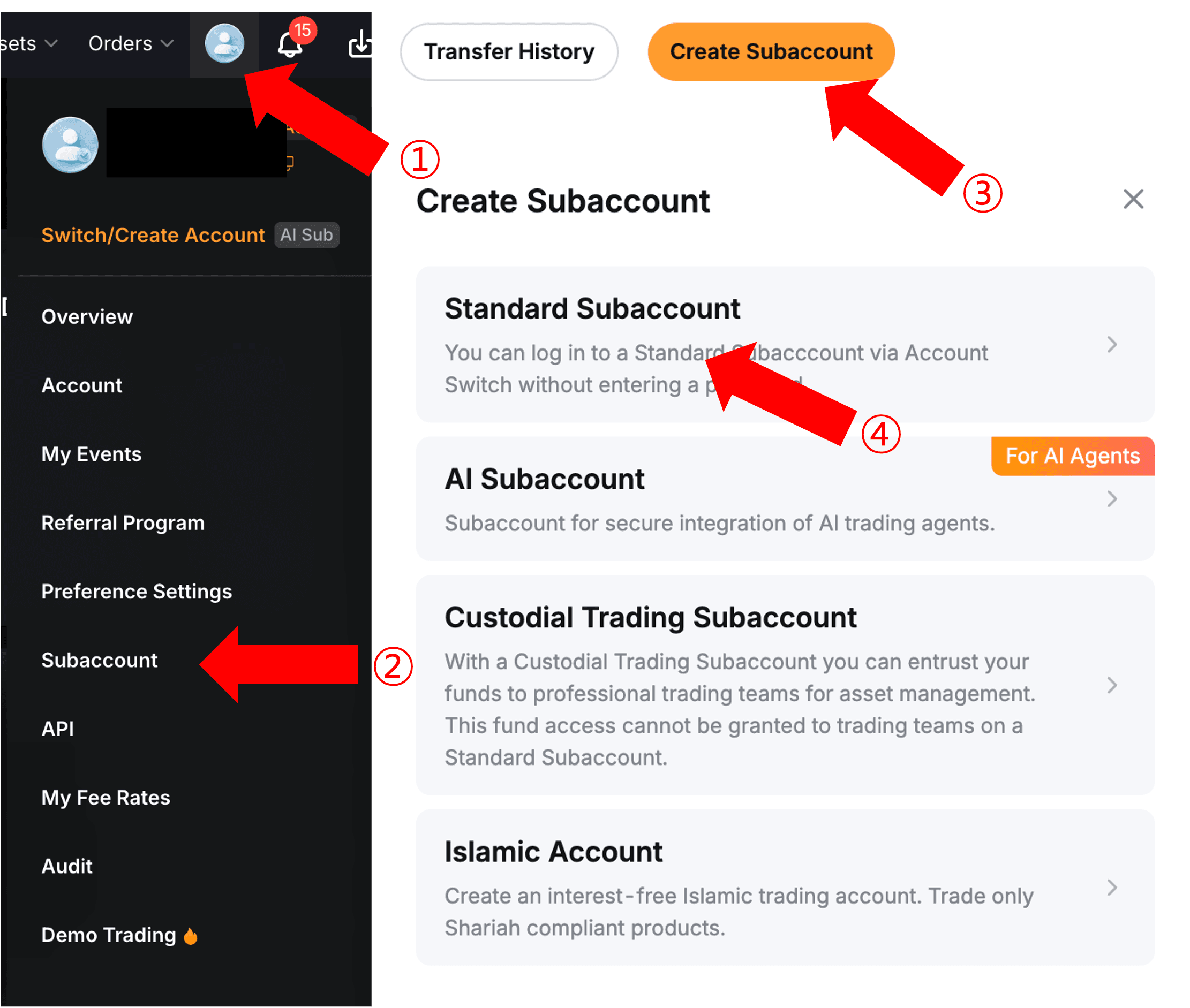 Bybit's user menu, navigating to Subaccount and clicking Create Subaccount, then choosing Standard Subaccount