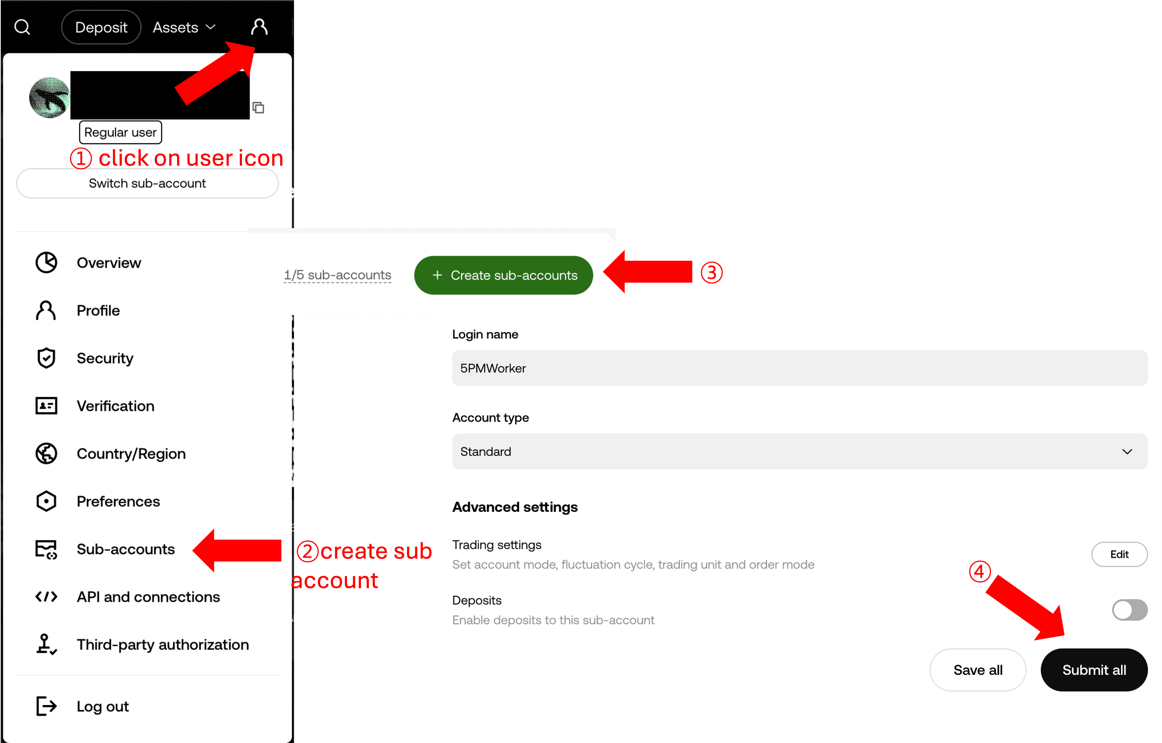 OKX's user menu, navigating to Sub-accounts and creating a new sub-account